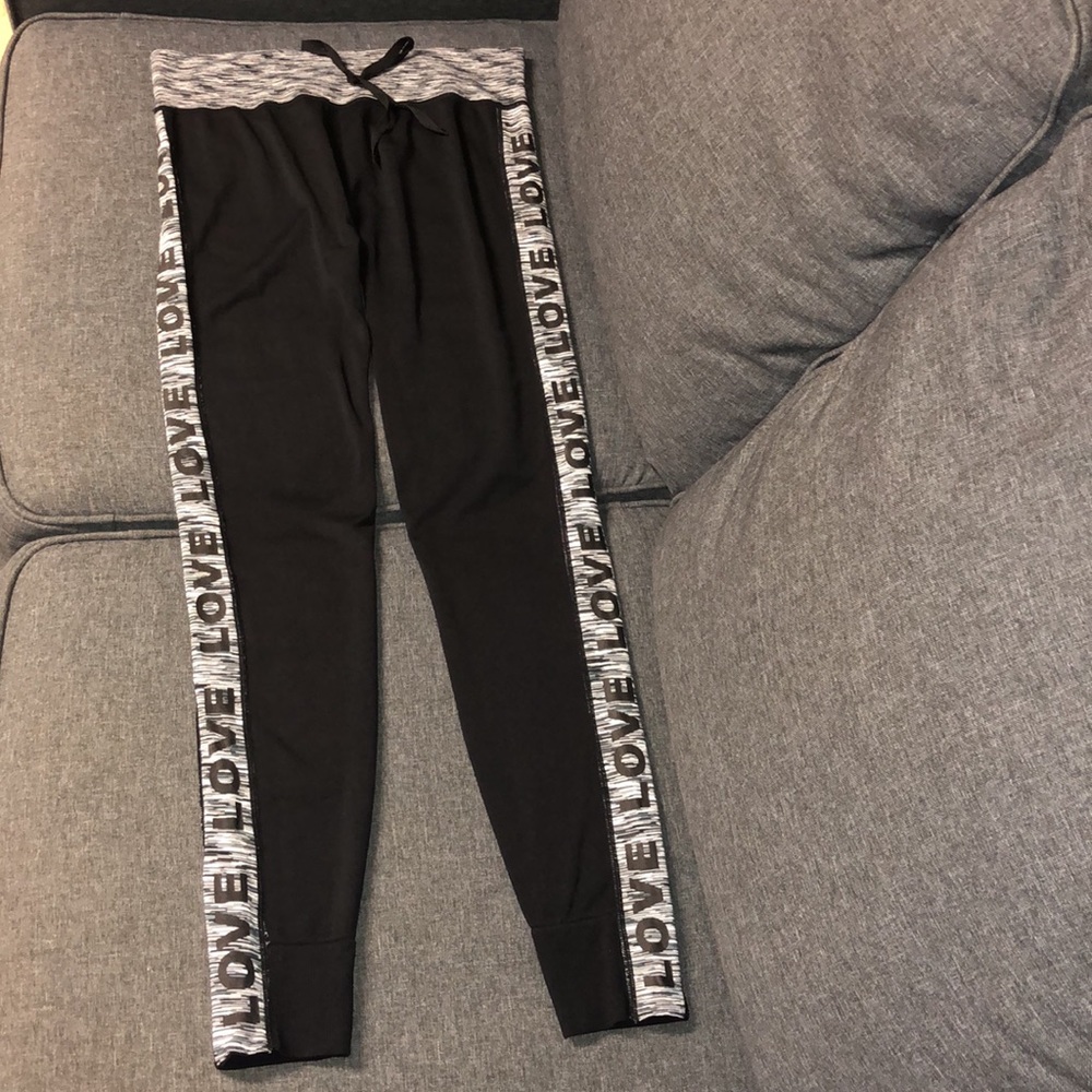 Soho Girls Stretchy Black Jogger Pants Grey “Love” Stripe Sz L/XL